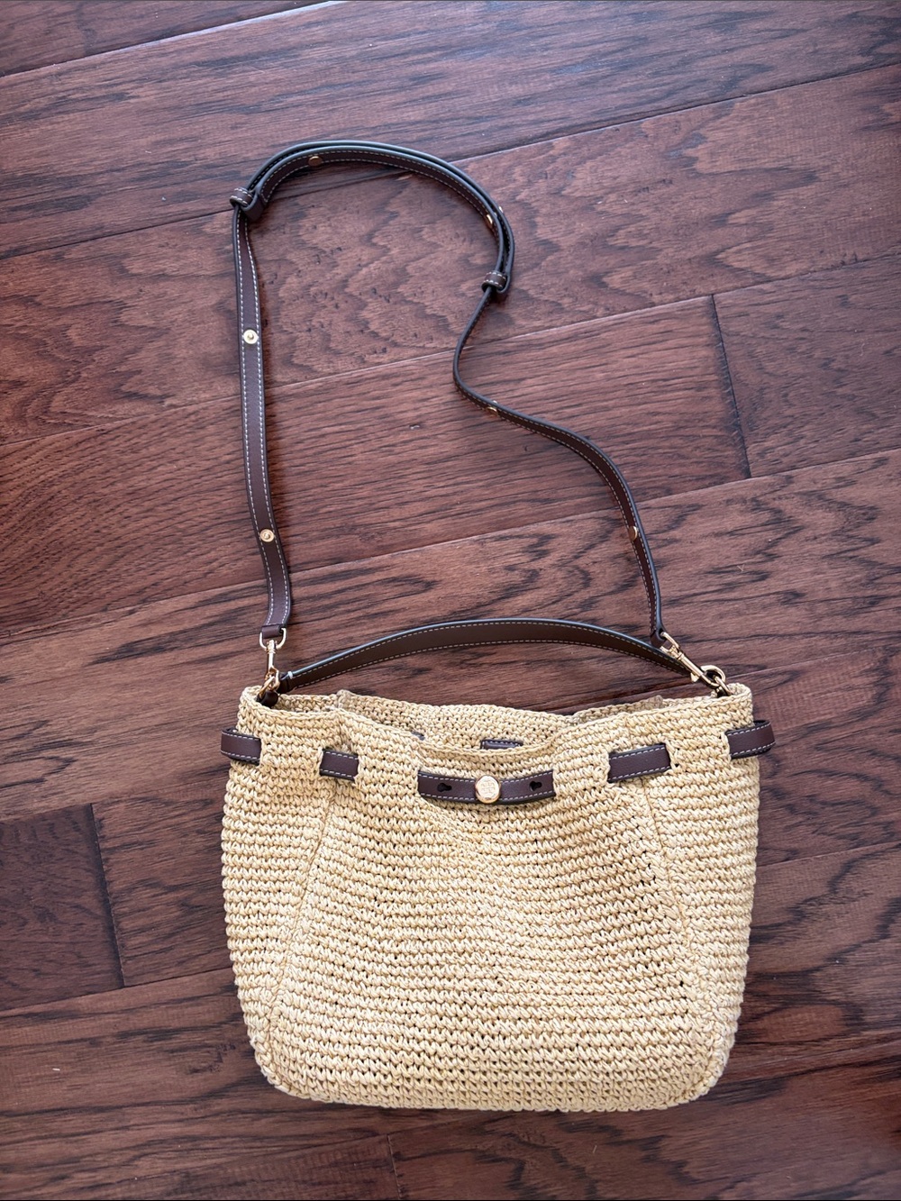 Tory Burch Woven Straw Crossbody Bag with Brown Trim